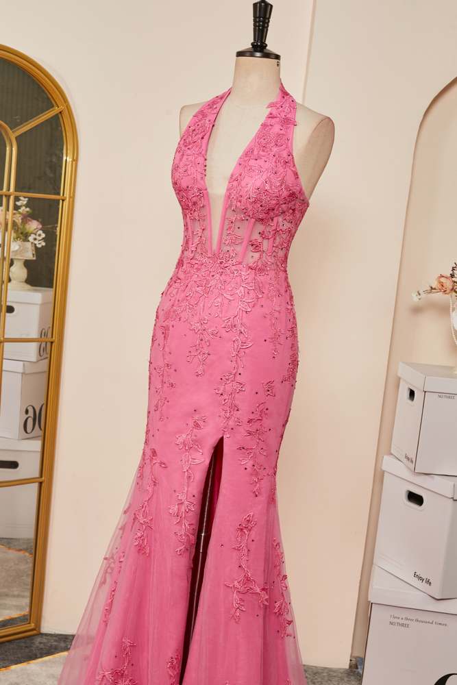 Pink Appliques Mermaid Plunging V Halter Long Prom Dress with Slit