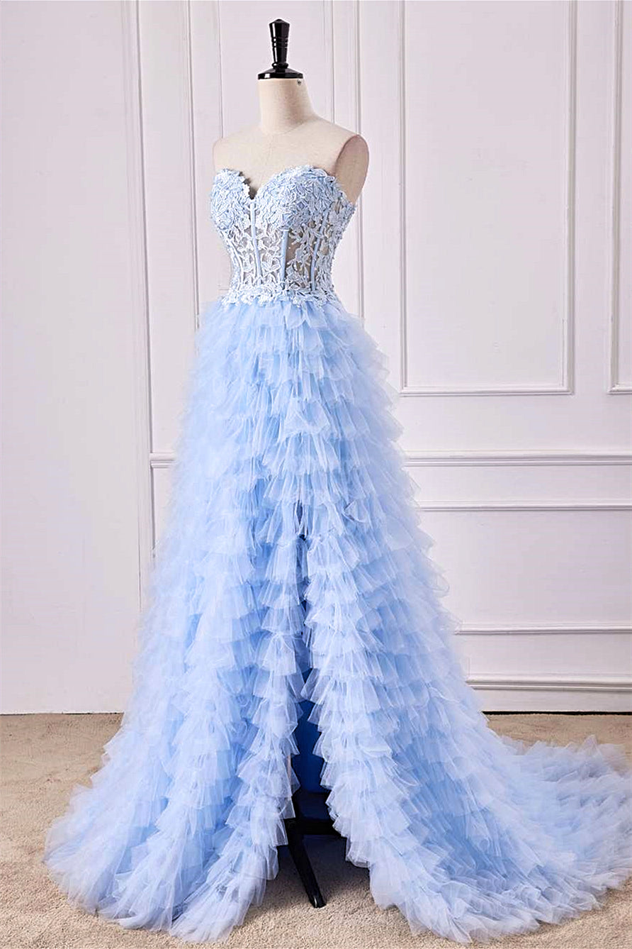 Light Blue Strapless Floral Layers A-line Long Prom Dress with Slit Light Blue / US 14 Light Blue Strapless Floral Layers A-line Long Prom Dress with Slit Light Blue / US 14