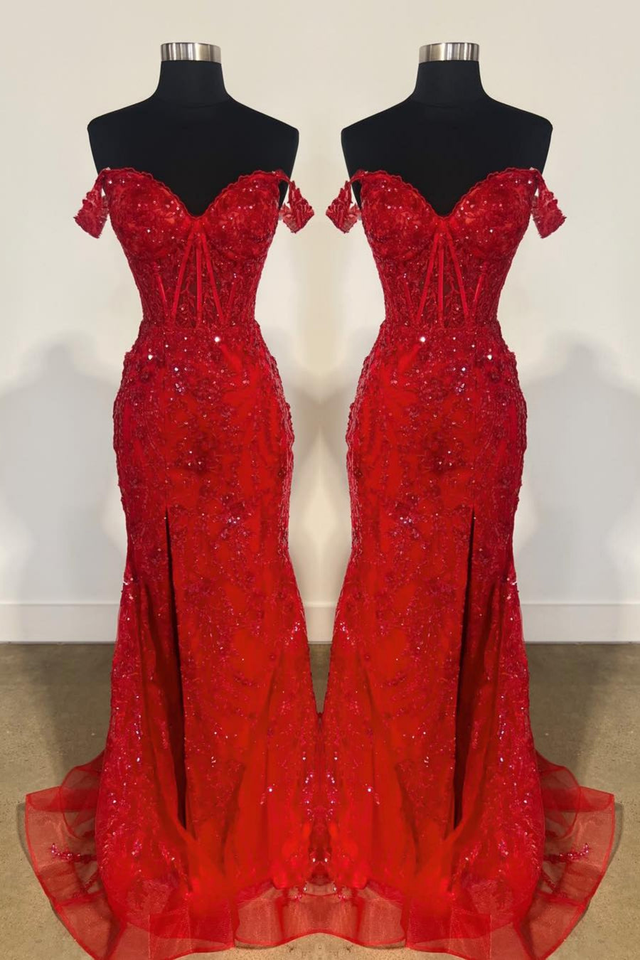 Gold Off-Shoulder Sequined Floral Mermaid Long Prom Dress with Slit