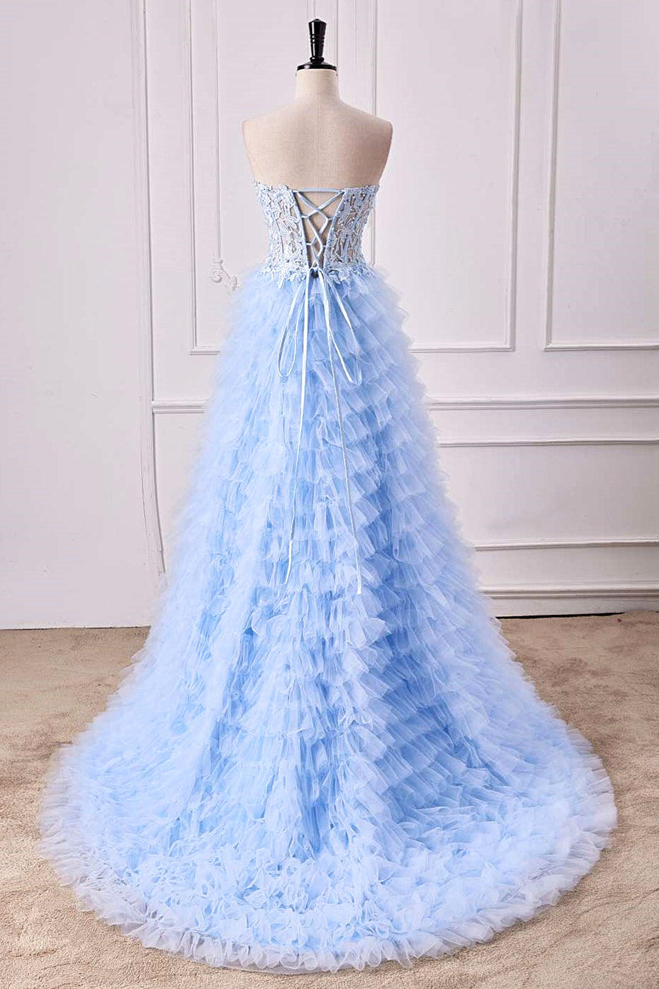 Light Blue Strapless Floral Layers A-line Long Prom Dress with Slit