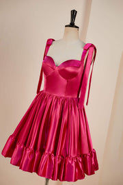 Rose Pink A-line Bow Tie Straps Ruffled Satin Homecoming Dress