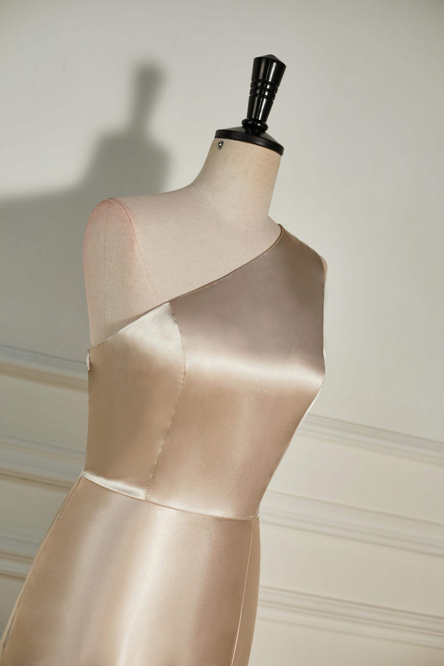 Champagne One Shoulder A-Line Satin Long Bridesmaid Dress with Slit Champagne / Custom Size Champagne One Shoulder A-Line Satin Long Bridesmaid Dress with Slit Champagne / Custom Size