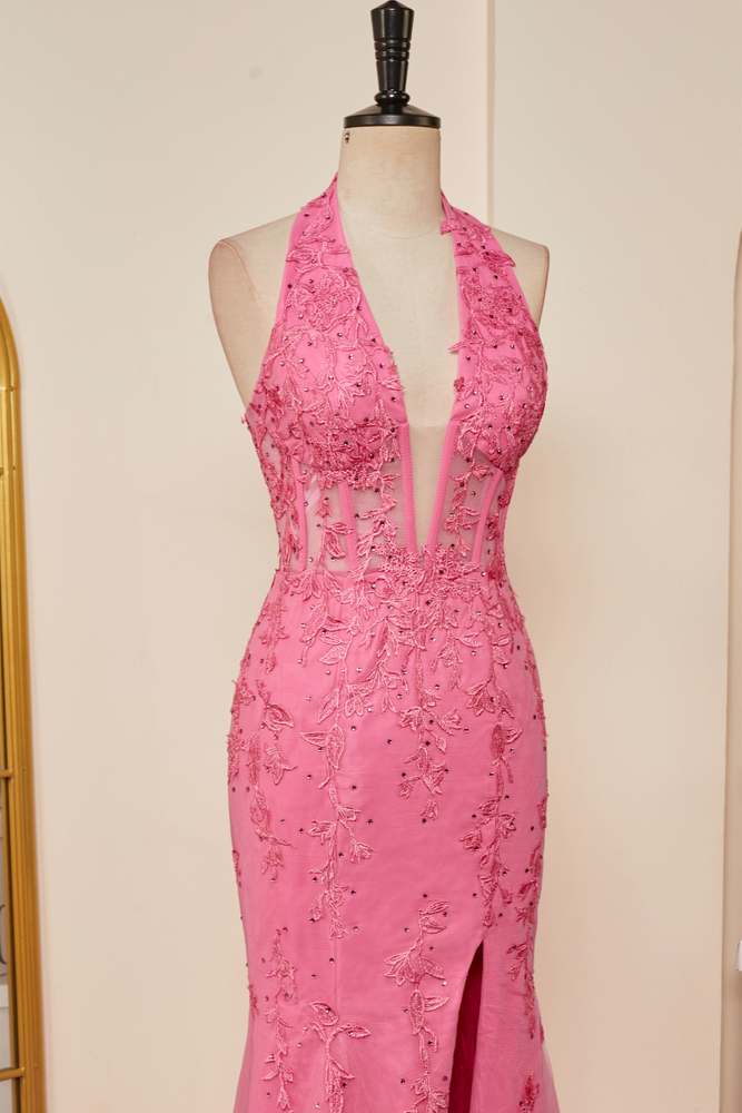 Pink Appliques Mermaid Plunging V Halter Long Prom Dress with Slit