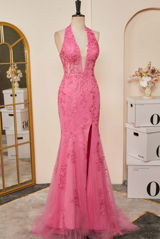 Pink Appliques Mermaid Plunging V Halter Long Prom Dress with Slit