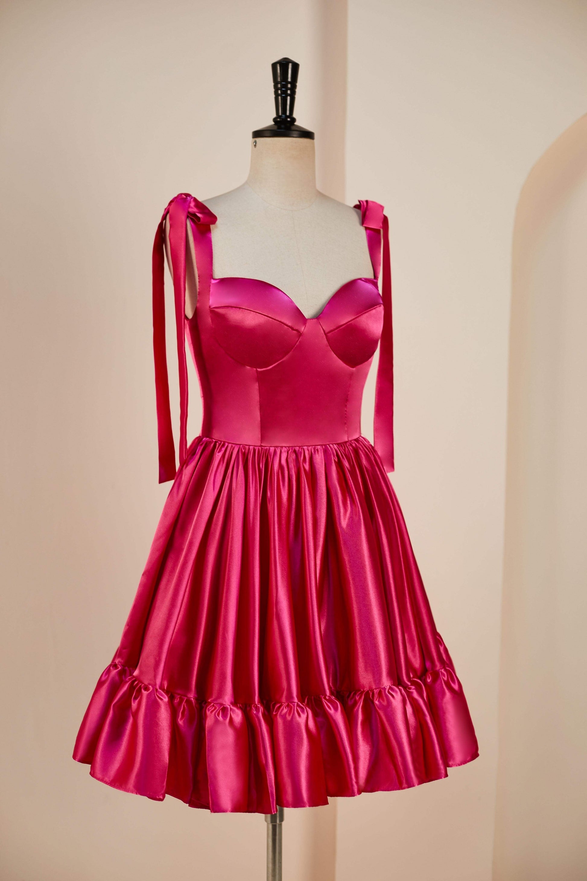 Rose Pink A-line Bow Tie Straps Ruffled Satin Homecoming Dress