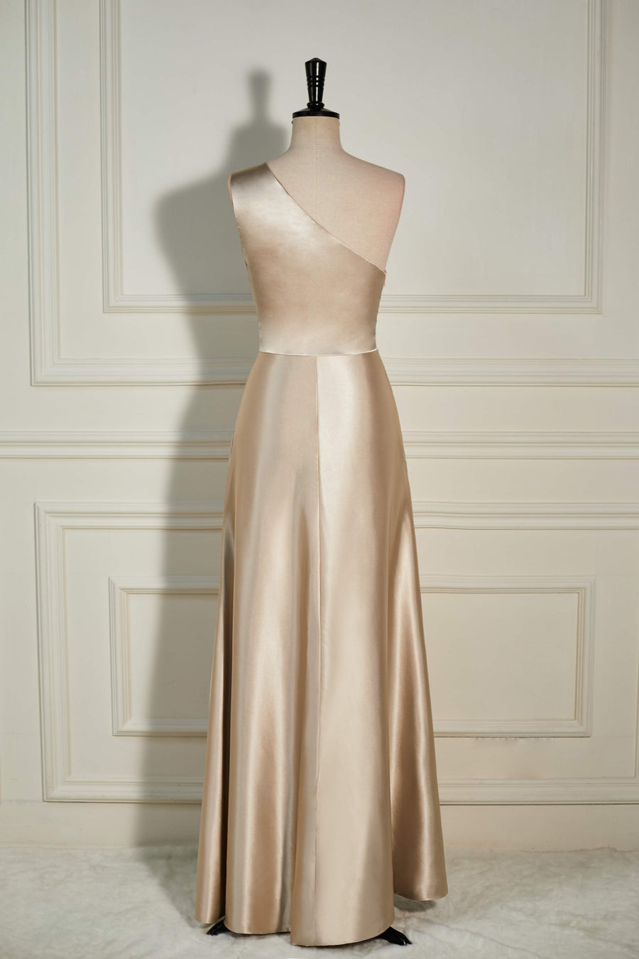 Champagne One Shoulder A-line Satin Long Bridesmaid Dress with Slit