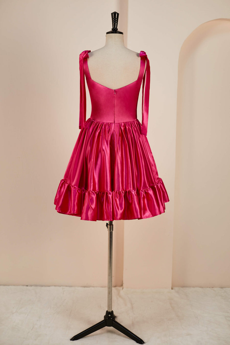 Rose Pink A-line Bow Tie Straps Ruffled Satin Homecoming Dress