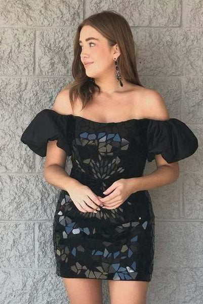 Black Cut Glass Mirror Puff-Sleeve Short Homecoming Dress Black / Custom Size Black Cut Glass Mirror Puff-Sleeve Short Homecoming Dress Black / Custom Size