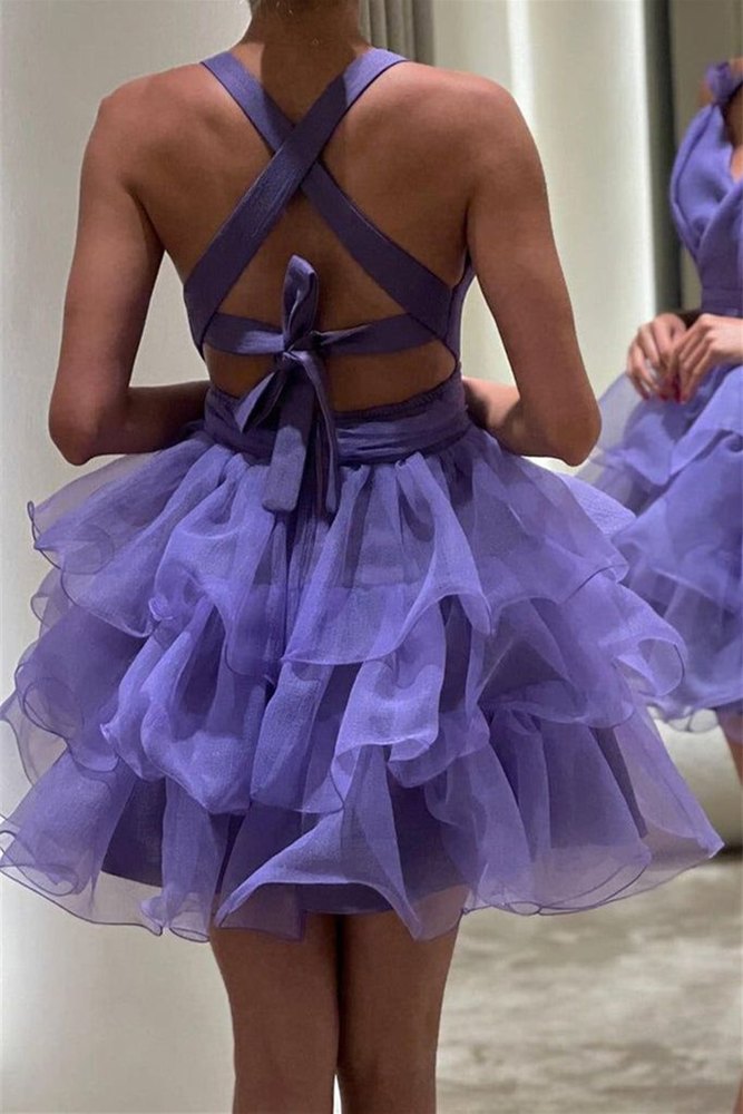 Purple Short Prom Dresses A Line Tiered V-Neck Homecoming Dress