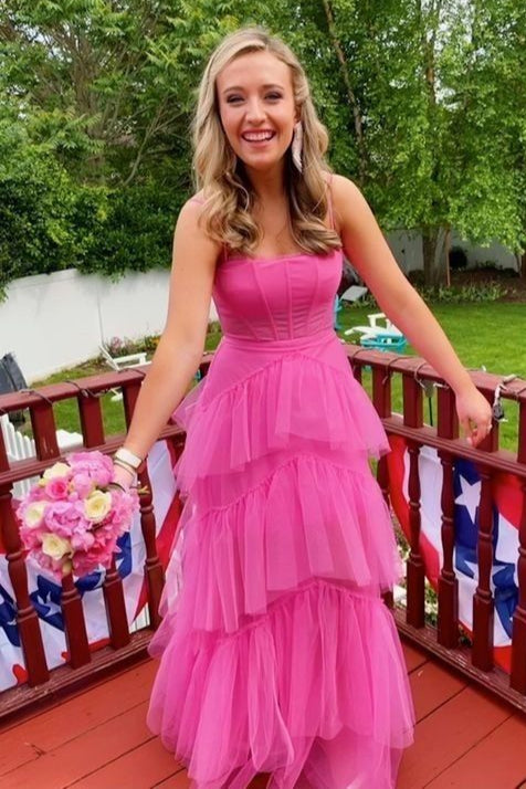 Spaghetti Straps Tulle A-Line Tiered Sheer Party Prom Dress