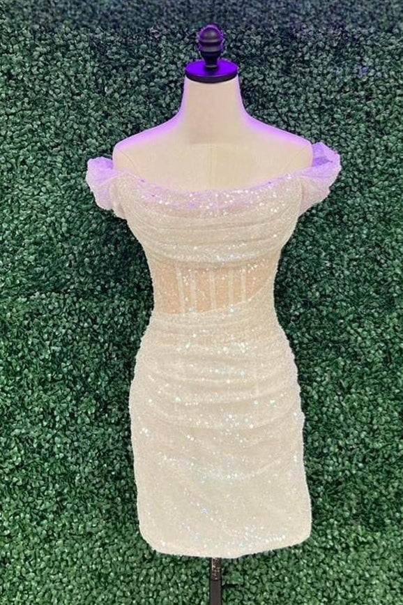 Ivory Off-the-Shoulder Sheath Sequins Homecoming Dress