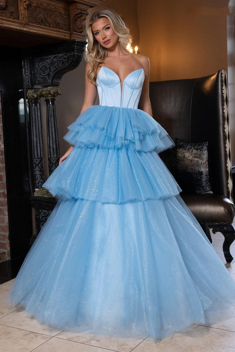 Sweetheart Strapless Glitter Tulle A-Line Tiered Prom Dress