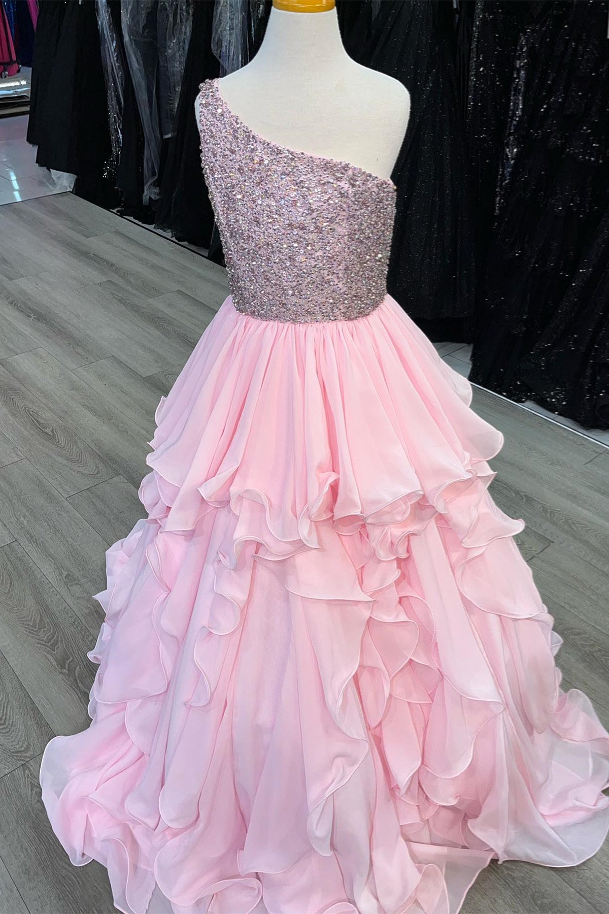 Pink One Shoulder Layers Beaded Straps Long Prom Dress