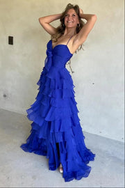 Spaghetti Straps Chiffon A-Line Tiered Party Prom Dress With Slit