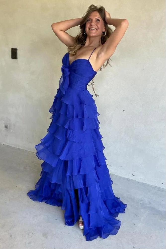 Spaghetti Straps Chiffon A-Line Tiered Party Prom Dress With Slit