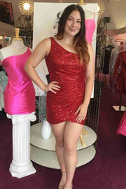 Pink One Shoulder Sequin Short Homecoming Dress