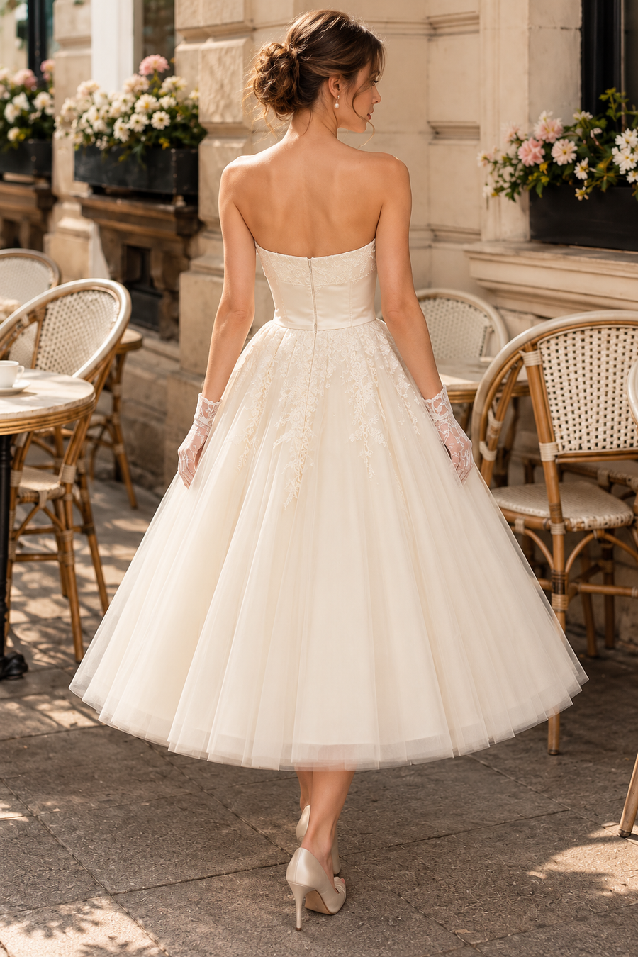Classic Sweetheart Strapless Satin And Tulle Appliques Midi Wedding Dress