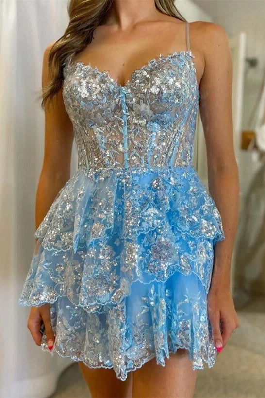 Light Blue Sequin Lace Corset A-Line Tiered Homecoming Dress Blue / US 4