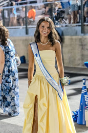 Satin A-Line Pleated Strapless Party Evening Dress With Slit