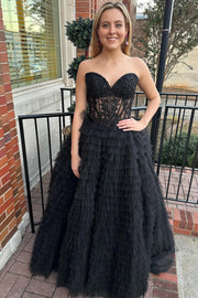 Sexy Tulle A-Line Sweetheart Strapless Tiered Appliques Prom Dress