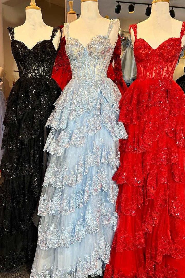 Black & Light Blue & Red Off-Shoulder Sequined Layers A-line Long Prom Dress with Slit