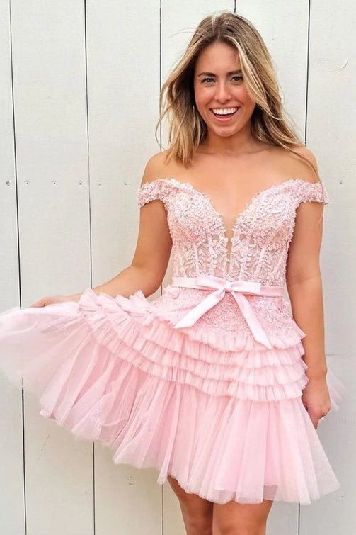Off-the-Shoulder Bow Tiered Short Homecoming Dress with Ruffles