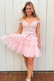 Off-the-Shoulder Bow Tiered Short Homecoming Dress with Ruffles