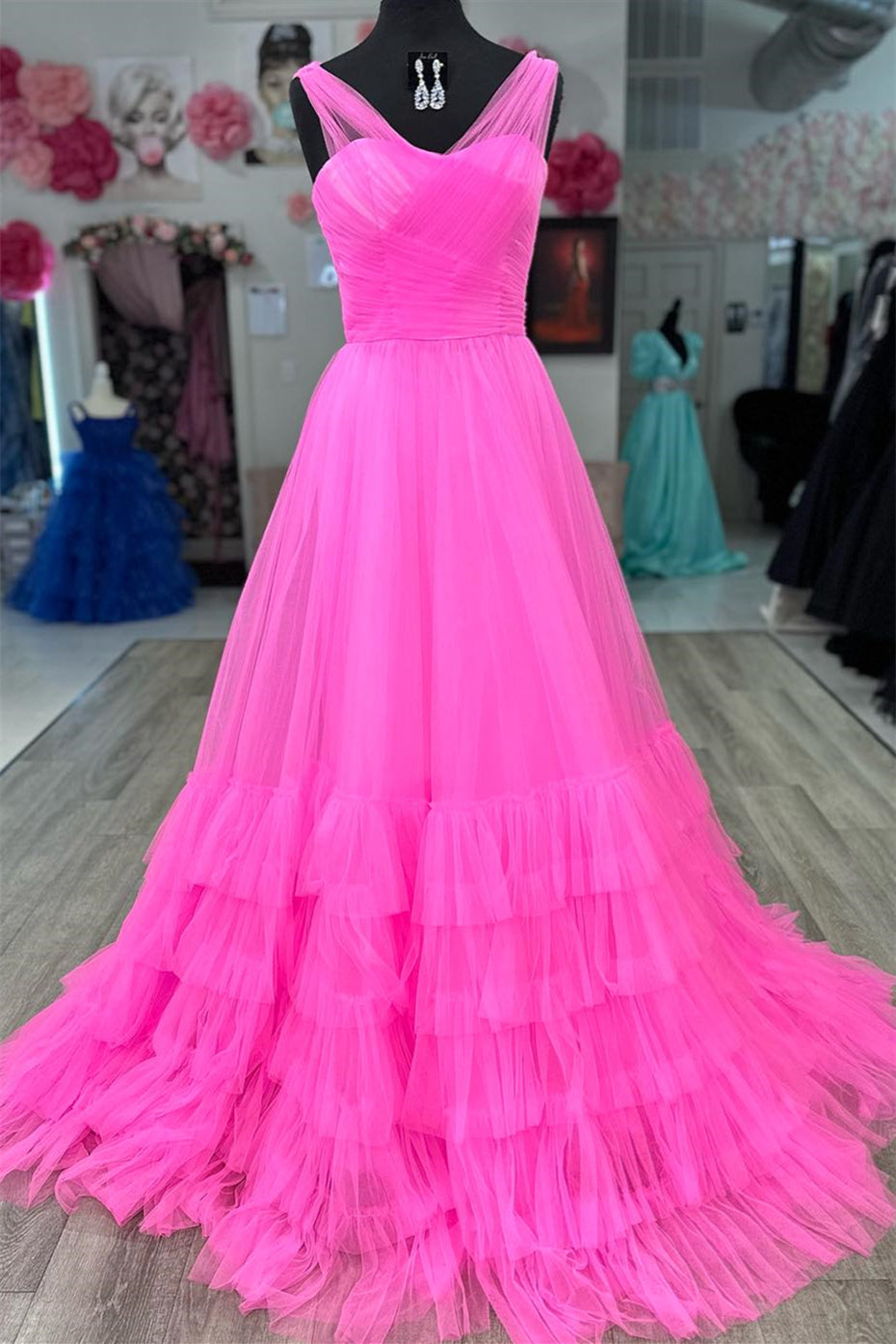 Hot Pink Illusion Neck A-line Layers Tulle Long Prom Dress