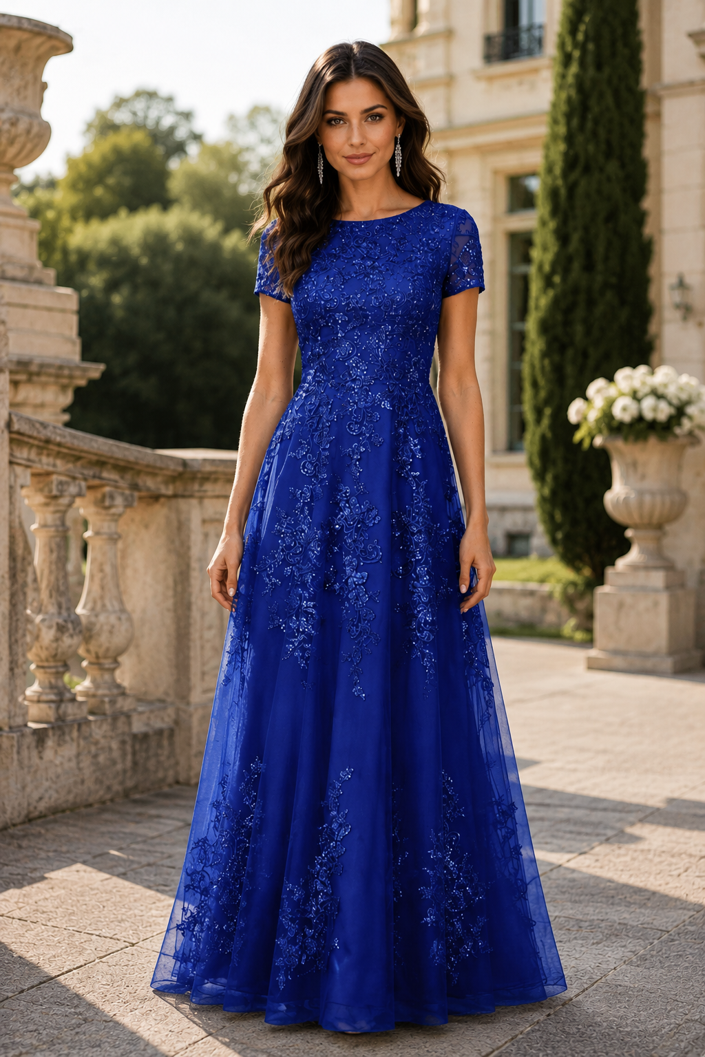 A-Line Round Short Sleeves Tulle And Appliques Mother Of The Bride Dress