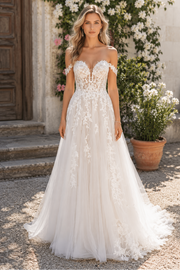 Sweetheart Off-Shoulder Empire Sheer Appliques Wedding Dress