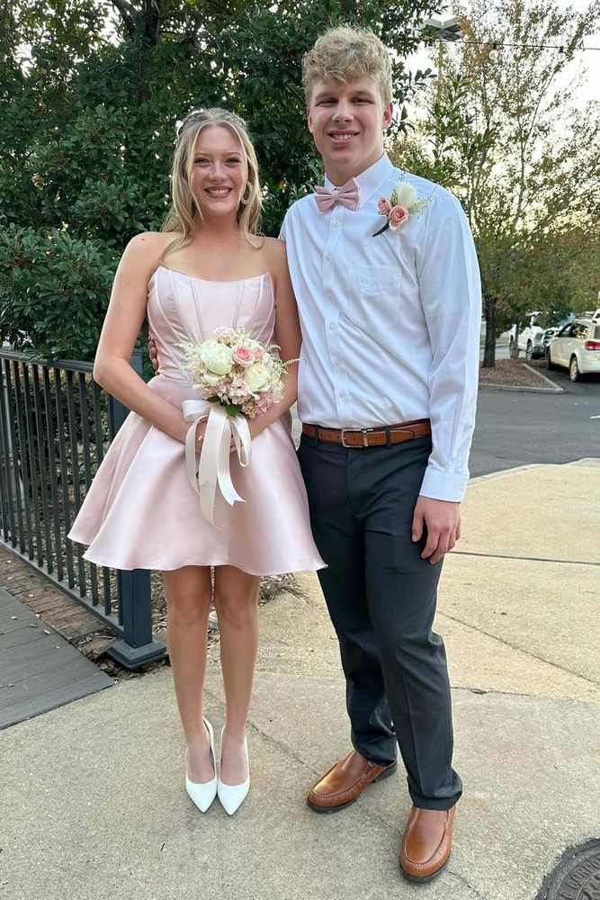 Strapless Pink Satin A-line Short Princess Homecoming Dress | Joyofdress Strapless Pink Satin A-line Short Princess Homecoming Dress | Joyofdress