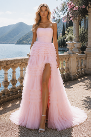 Tulle A-Line Strapless Tiered Prom Gown With Slit