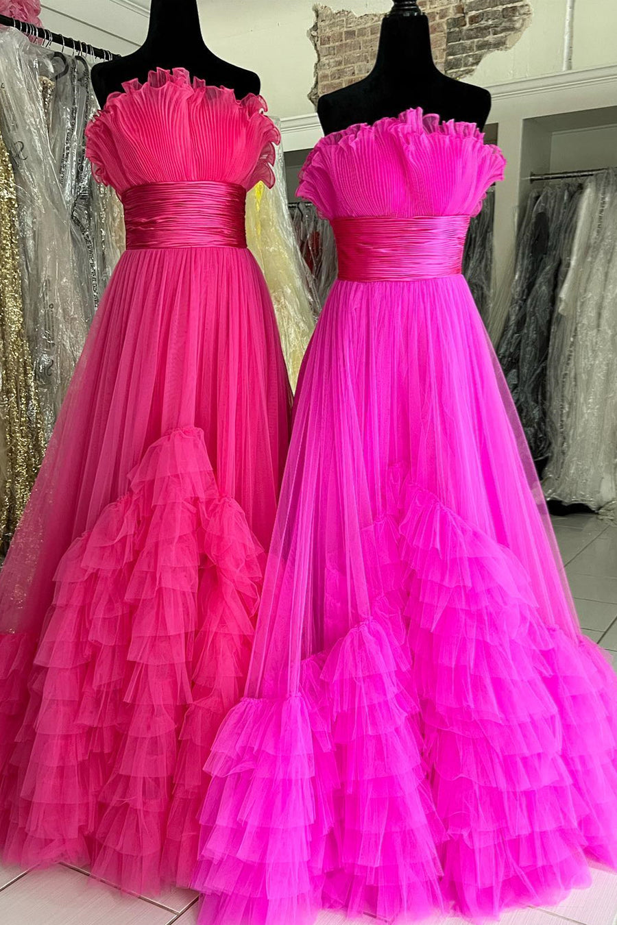 Hot Pink & Fuchsia Ruffled Strapless Layers Long Prom Dress