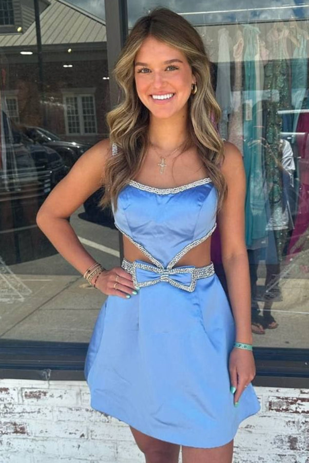 Spaghetti Straps Blue Cutout Homecoming Dress with Bow
