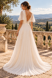 Simple A-Line V-Neck Open Back Chiffon Wedding Dress With Train