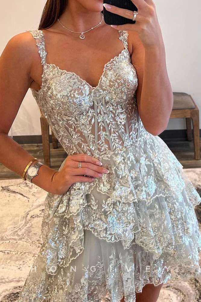 Sexy A-Line Glitter Sweetheart Spaghetti Straps Tiered Sequined Homecoming Dress