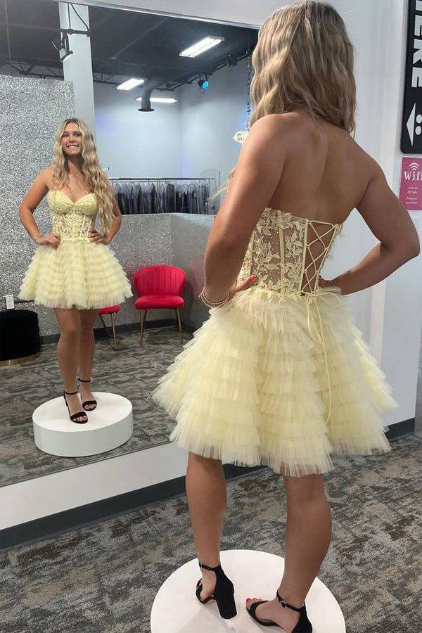 Yellow A-Line Ruffled Strapless Corset Homecoming Dress Red / US 6 Yellow A-Line Ruffled Strapless Corset Homecoming Dress Red / US 6
