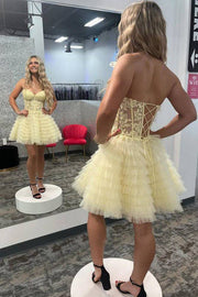 Yellow A-Line Ruffled Strapless Corset Homecoming Dress