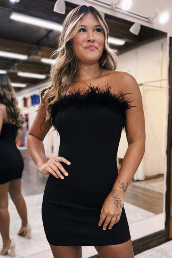 Black Off-the-Shoulder Sheath Homecoming Dress with Feathers