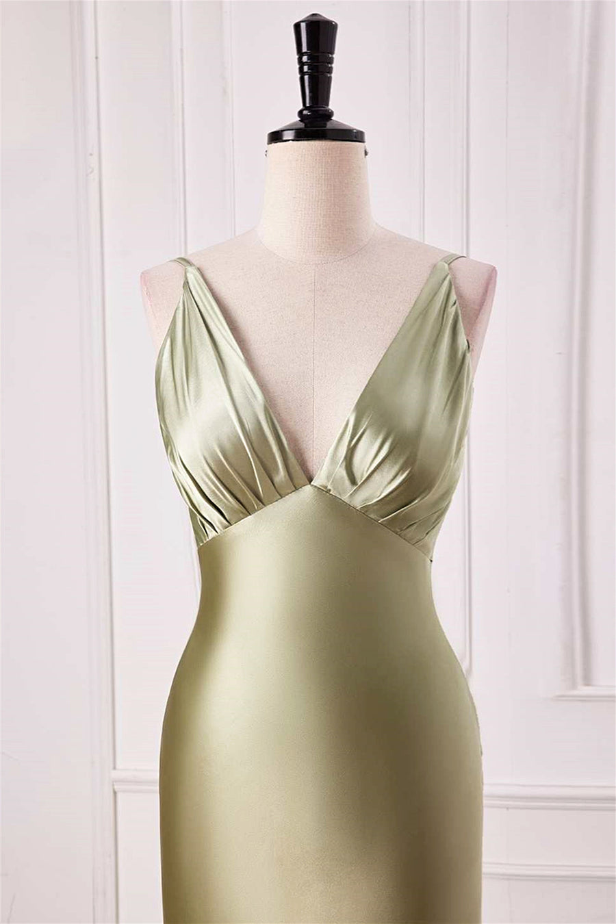 Dusty Sage Mermaid V Neck Satin Long Prom Dress