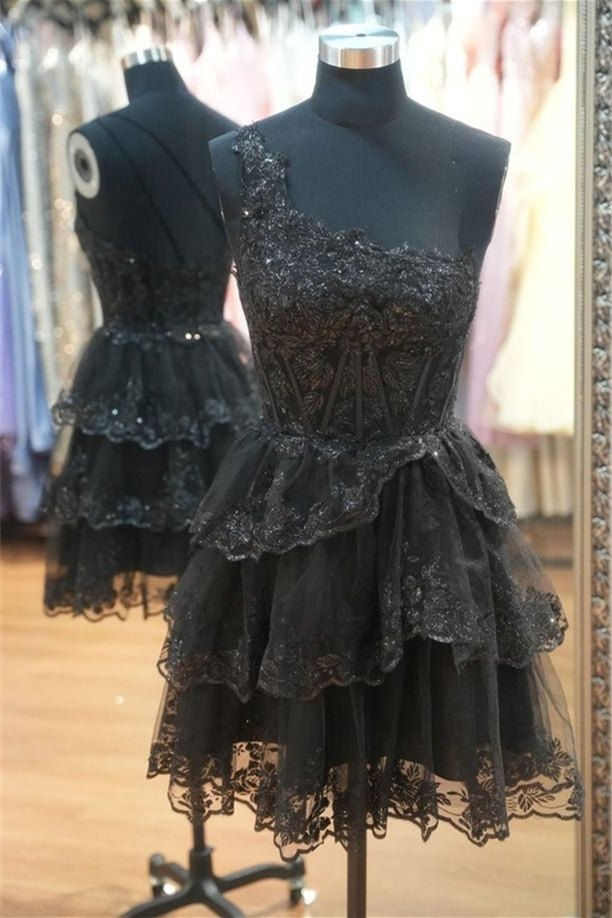 One Shoulder Black Organza A-Line Ruffle Short Dress