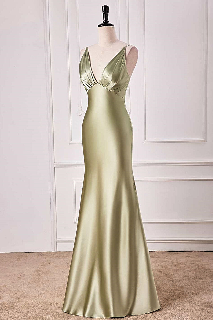 Dusty Sage Mermaid V Neck Satin Long Prom Dress