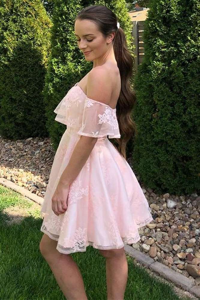 Off the Shoulder Pink Lace Short Prom Dresses Homecoming Dresses