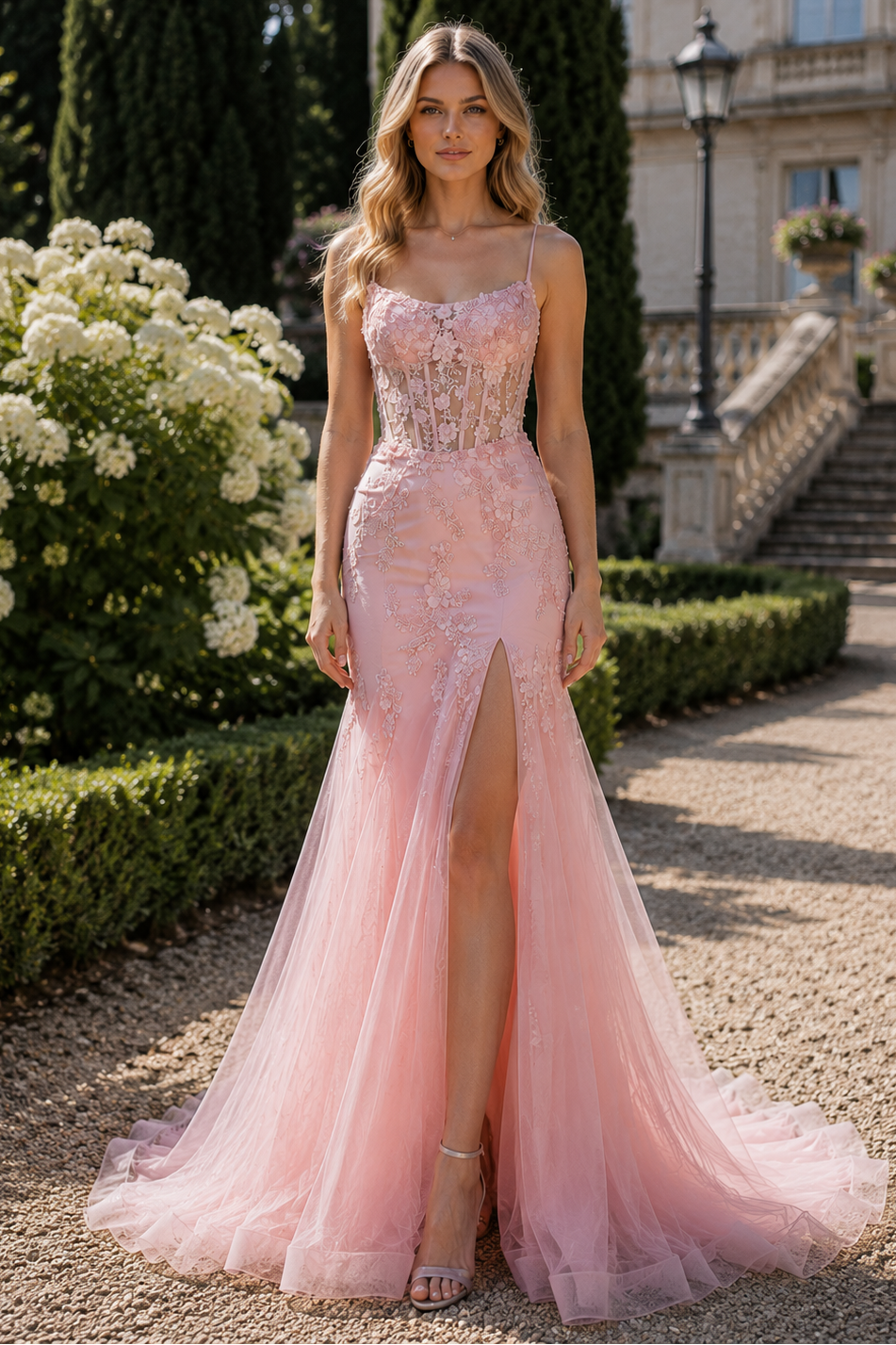 Bateau Lace Up Lace Appliques Mermaid Prom Dress With Tulle Train