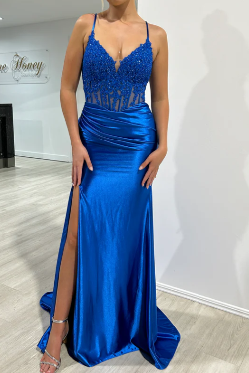 Straps Appliques Satin Mermaid Prom Dress With Slit