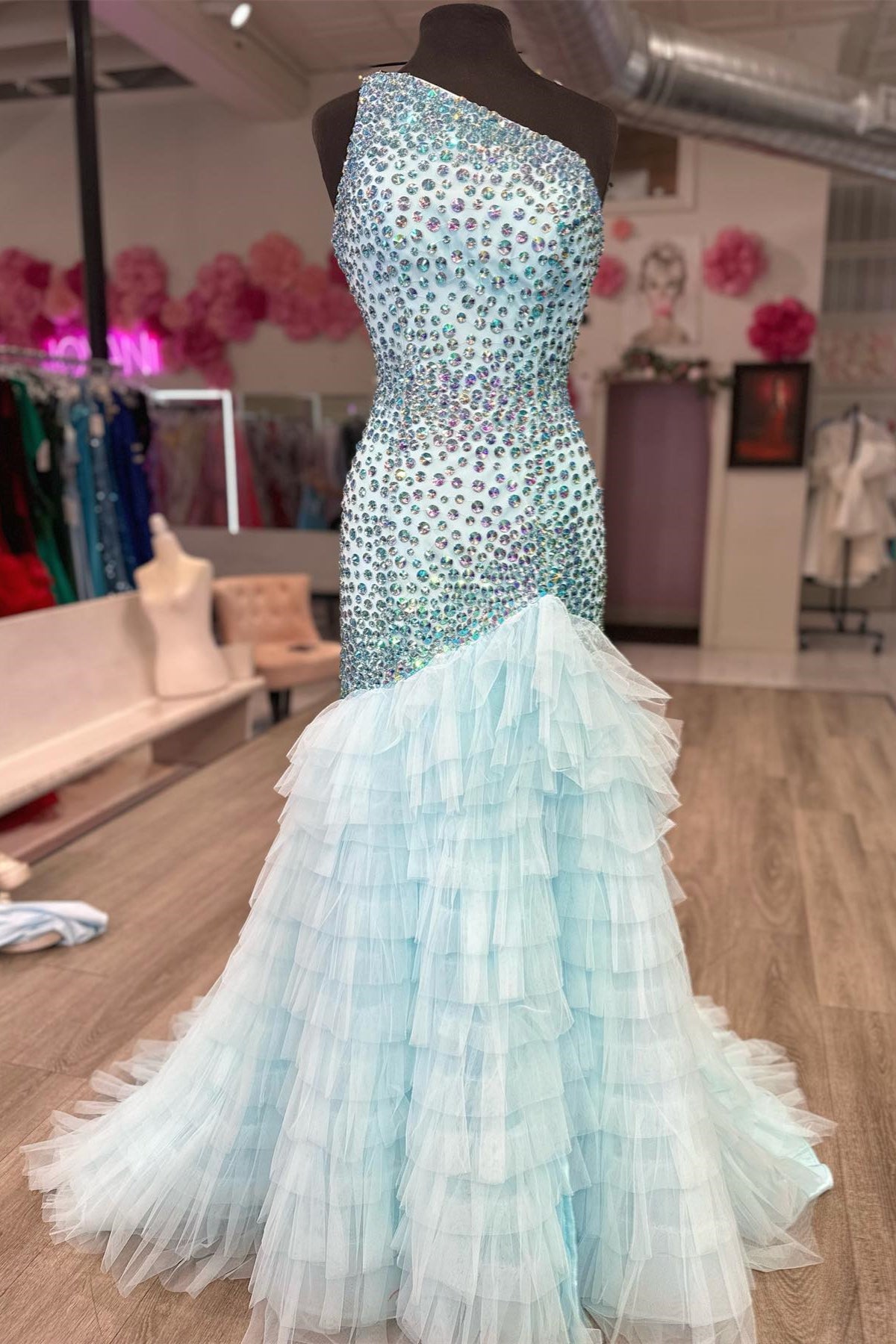 Light Blue One Shoulder Beaded Mermaid Layers Long Prom Dress with Slit