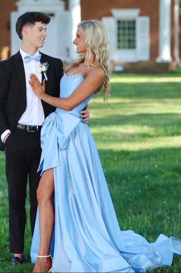 Pretty Satin A-Line Strapless Party Prom Dress With Pearls And Bow
