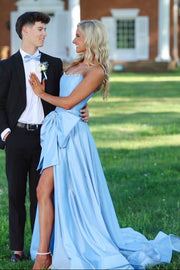 Pretty Satin A-Line Strapless Party Prom Dress With Pearls And Bow