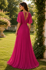 Pleated Chiffon A-Line V-Neck Bell Sleeves Open Back Mother Of The Bride Dress