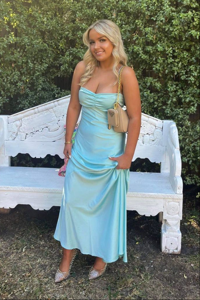 Spaghetti Straps Satin A-Line Party Prom Dress With Slit